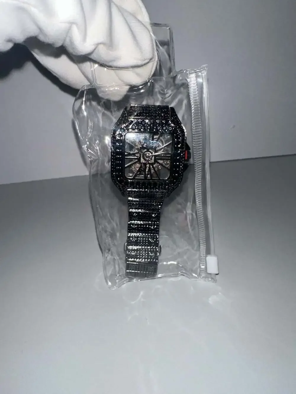 Techno Pave Men's Fully Iced Out Square Skeleton Watch Gun Black